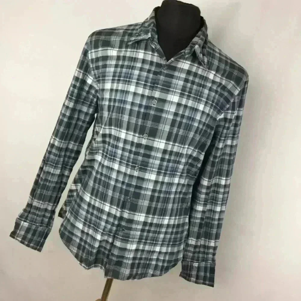 John Varvatos L Shirt Blue Gray Plaid Button Down